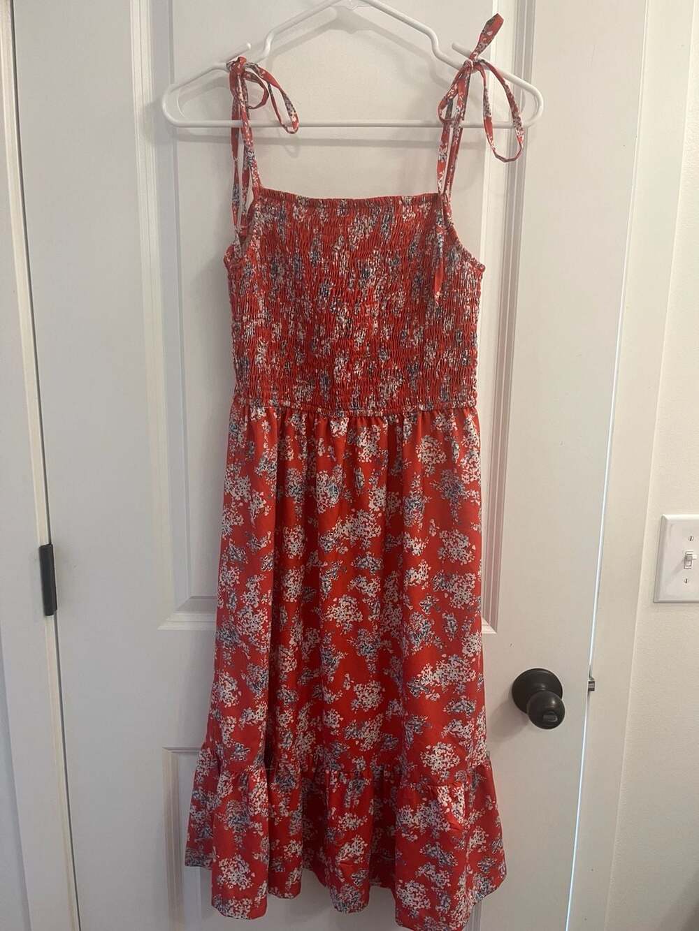Odel Red Floral Printed Strappy Smocked Midi Dress